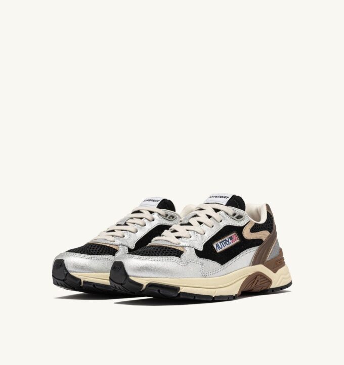 HYPERWAY SNEAKERS IN BLACK AND SILVER LAMINATED LEATHER AND MESH