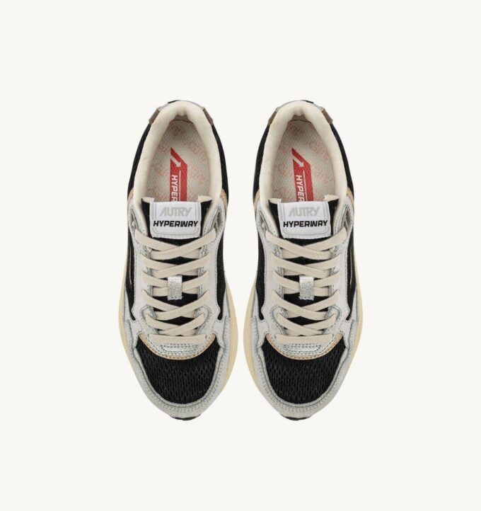 HYPERWAY SNEAKERS IN BLACK AND SILVER LAMINATED LEATHER AND MESH