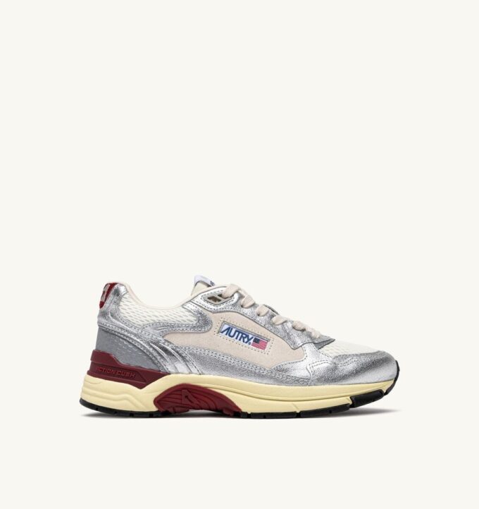 HYPERWAY SNEAKERS IN WHITE AND SILVER-TONE LAMINATED LEATHER AND MESH