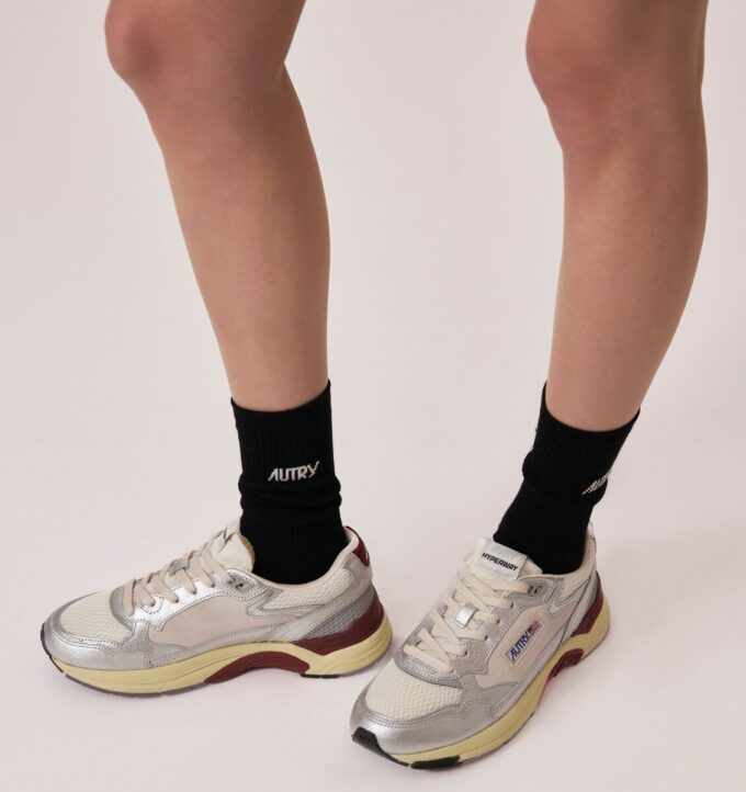 HYPERWAY SNEAKERS IN WHITE AND SILVER-TONE LAMINATED LEATHER AND MESH