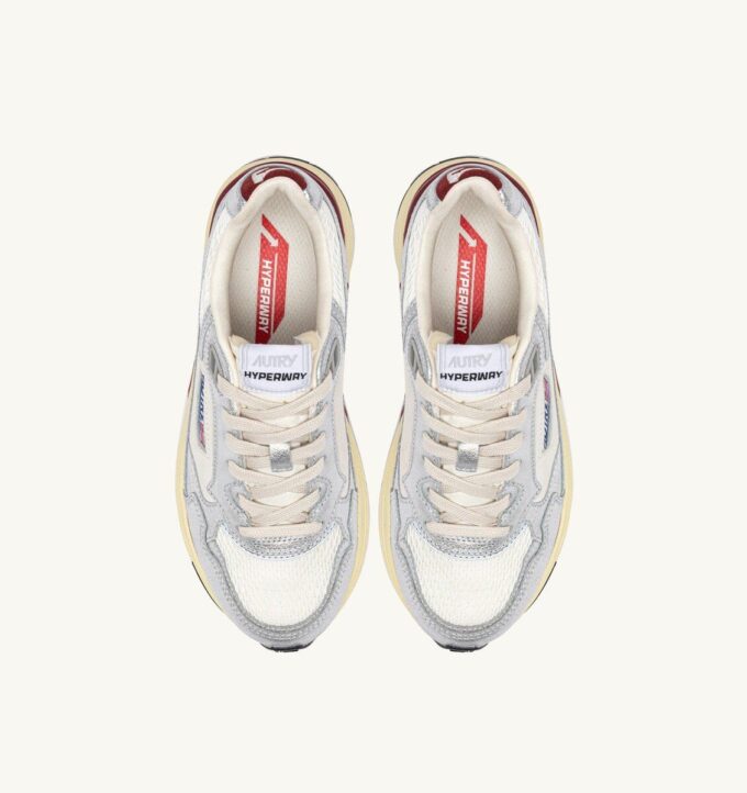 HYPERWAY SNEAKERS IN WHITE AND SILVER-TONE LAMINATED LEATHER AND MESH