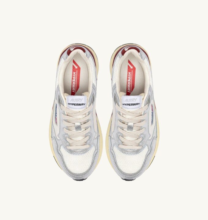 HYPERWAY SNEAKERS IN WHITE AND SILVER-TONE LAMINATED LEATHER AND MESH