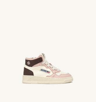 MEDALIST KIDS MID SNEAKERS IN WHITE BROWN AND PINK LEATHER