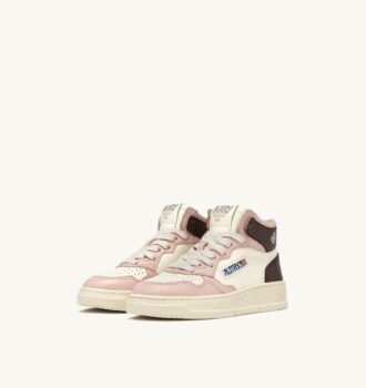 MEDALIST KIDS MID SNEAKERS IN WHITE BROWN AND PINK LEATHER