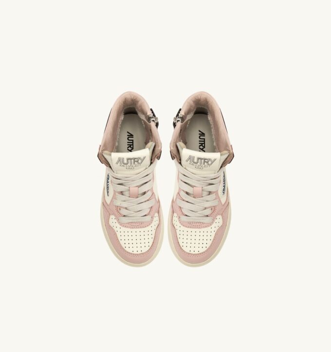 MEDALIST KIDS MID SNEAKERS IN WHITE BROWN AND PINK LEATHER