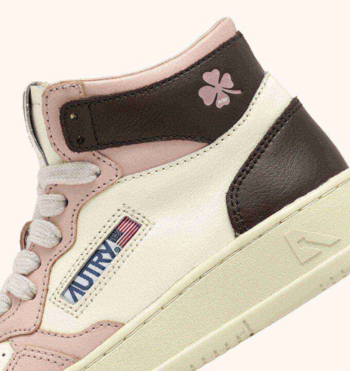 MEDALIST KIDS MID SNEAKERS IN WHITE BROWN AND PINK LEATHER