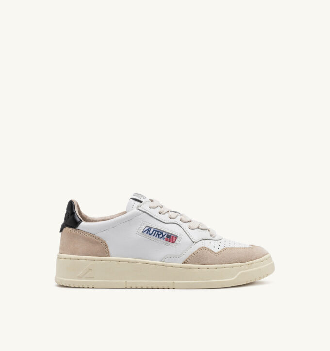 MEDALIST LOW SNEAKERS IN WHITE AND BLACK LEATHER AND BEIGE SUEDE