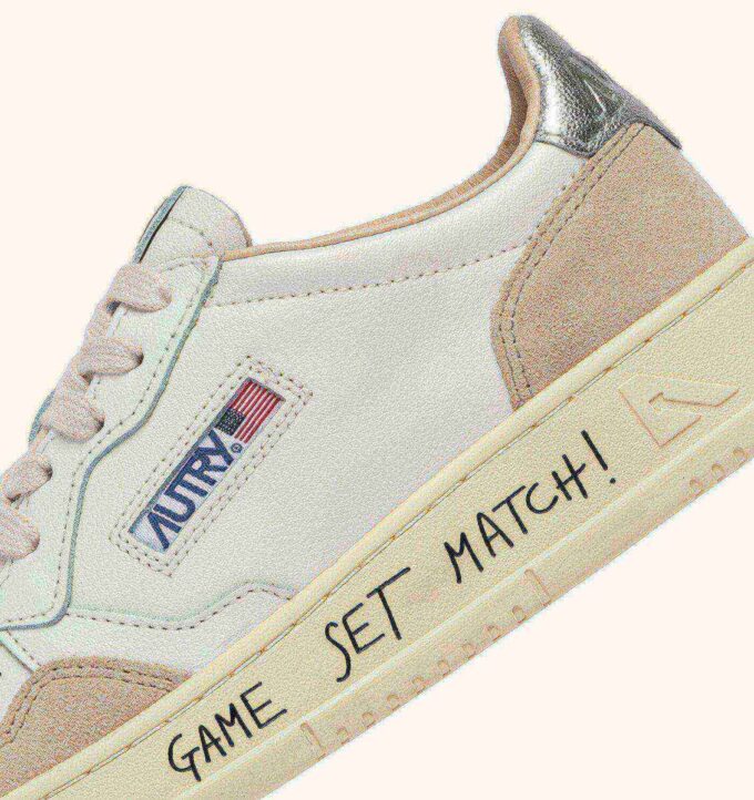 MEDALIST LOW SNEAKERS IN WHITE AND SILVER LEATHER AND SUEDE WITH LETTERING