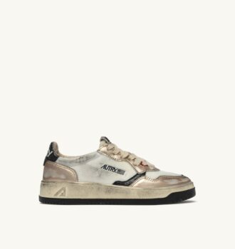 MEDALIST LOW SUPER VINTAGE SNEAKERS IN WHITE MESH, GOLD SUEDE AND BLACK LEATHER