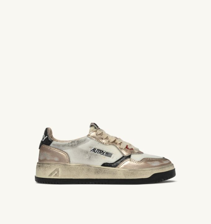 MEDALIST LOW SUPER VINTAGE SNEAKERS IN WHITE MESH, GOLD SUEDE AND BLACK LEATHER