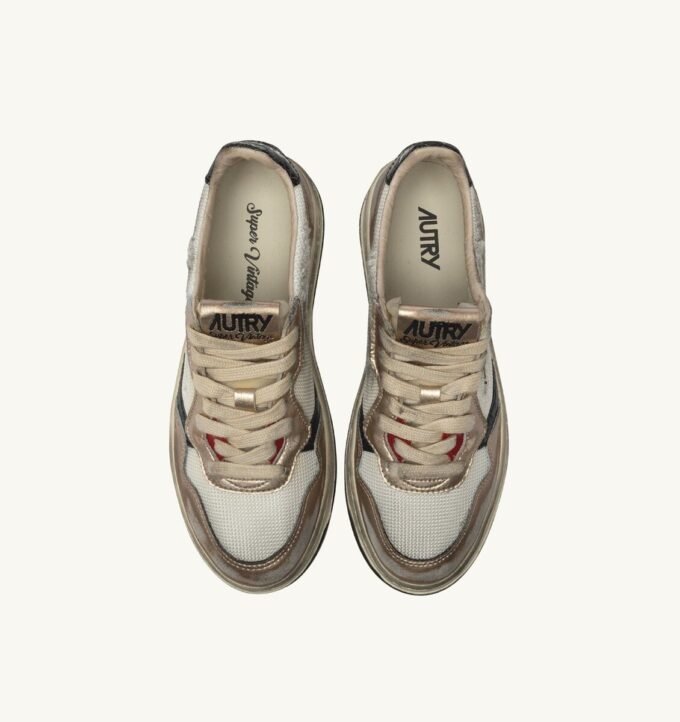 MEDALIST LOW SUPER VINTAGE SNEAKERS IN WHITE MESH, GOLD SUEDE AND BLACK LEATHER