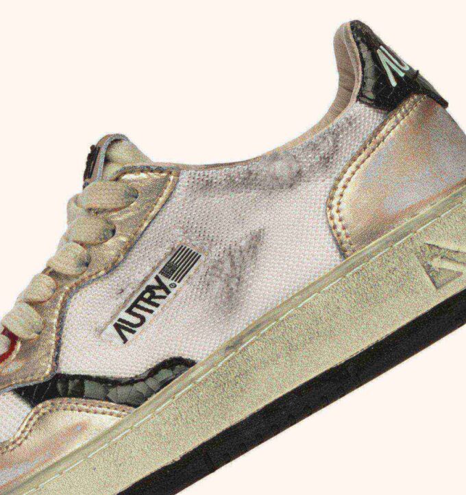 MEDALIST LOW SUPER VINTAGE SNEAKERS IN WHITE MESH, GOLD SUEDE AND BLACK LEATHER