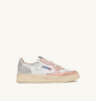 MEDALIST LOW SUPER VINTAGE SNEAKERS IN WHITE POWDER PINK AND SILVER LEATHER