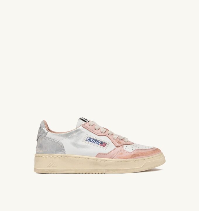 MEDALIST LOW SUPER VINTAGE SNEAKERS IN WHITE POWDER PINK AND SILVER LEATHER