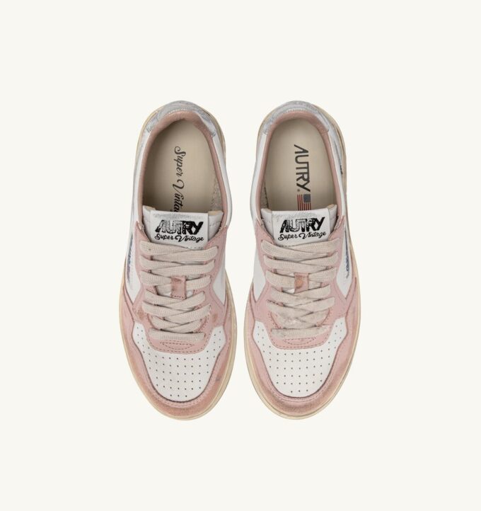 MEDALIST LOW SUPER VINTAGE SNEAKERS IN WHITE POWDER PINK AND SILVER LEATHER