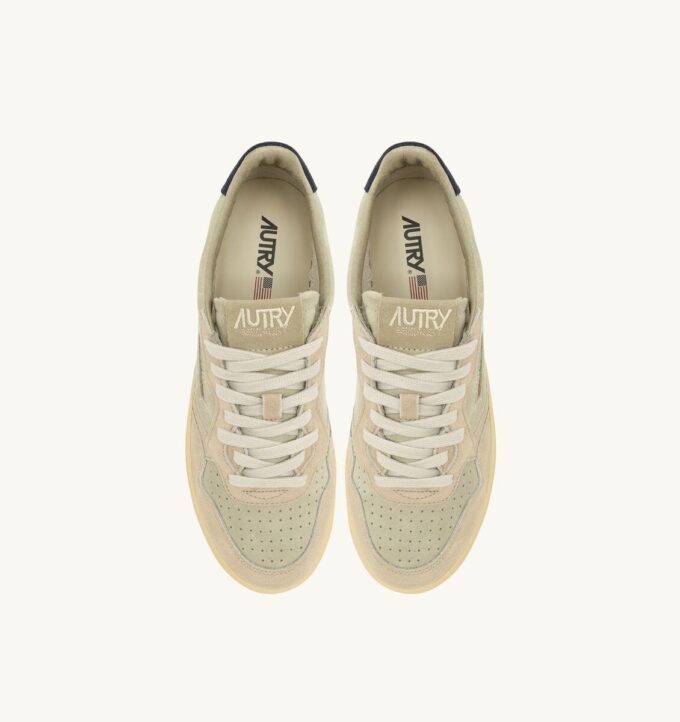 MEDALIST LOW TRICOLOR SNEAKERS IN BEIGE ECRU AND SPACE BLUE SUEDE