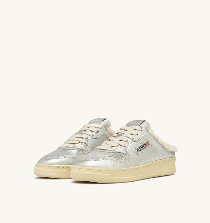 MEDALIST MULE SNEAKERS IN SILVER-TONE LEATHER AND SHEARLING