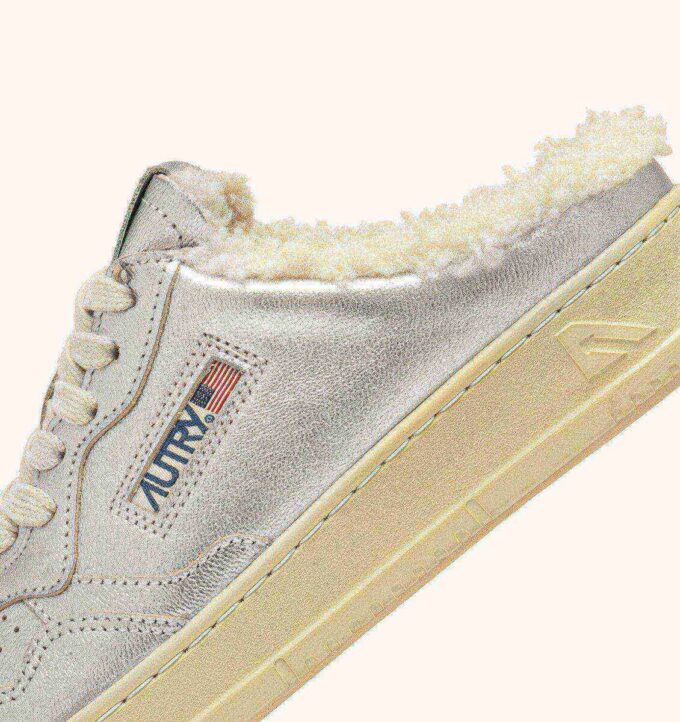 MEDALIST MULE SNEAKERS IN SILVER-TONE LEATHER AND SHEARLING