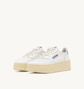 MEDALIST PLATFORM SNEAKERS IN WHITE AND METALIZED SILVER LEATHER