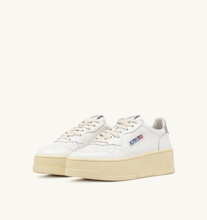 MEDALIST PLATFORM SNEAKERS IN WHITE AND METALIZED SILVER LEATHER