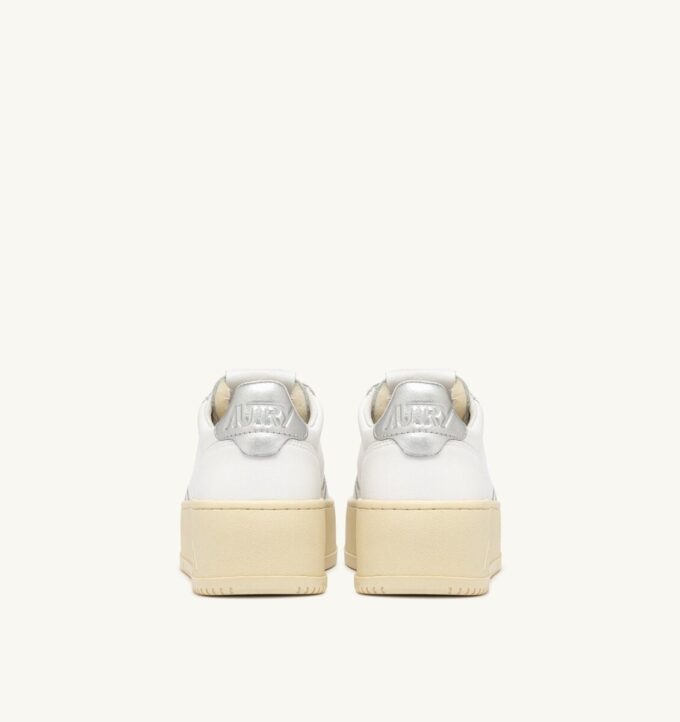 MEDALIST PLATFORM SNEAKERS IN WHITE AND METALIZED SILVER LEATHER