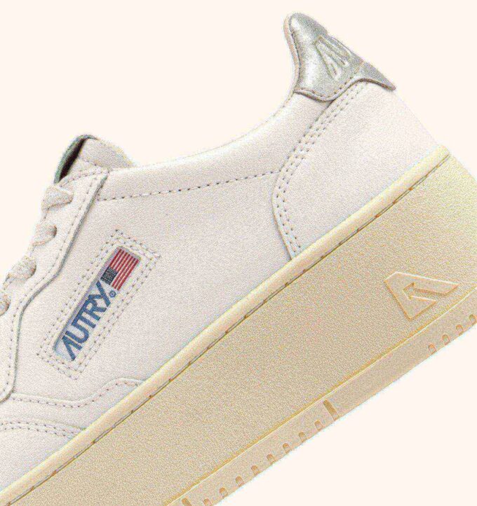 MEDALIST PLATFORM SNEAKERS IN WHITE AND METALIZED SILVER LEATHER