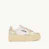 MEDALIST PLATFORM SNEAKERS IN WHITE AND PLATINUM LEATHER