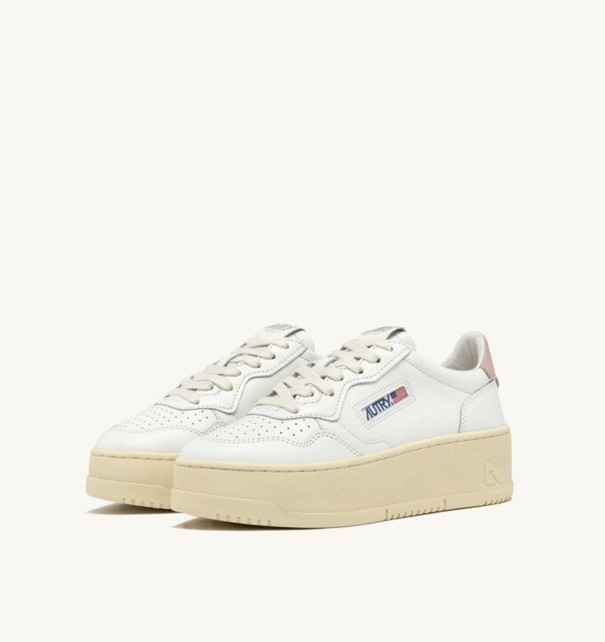 MEDALIST PLATFORM SNEAKERS IN WHITE AND POWDER PINK LEATHER
