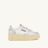 MEDALIST PLATFORM SNEAKERS IN WHITE AND SILVER LEATHER