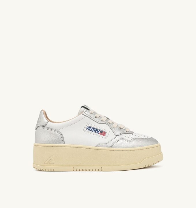 MEDALIST PLATFORM SNEAKERS IN WHITE AND SILVER LEATHER