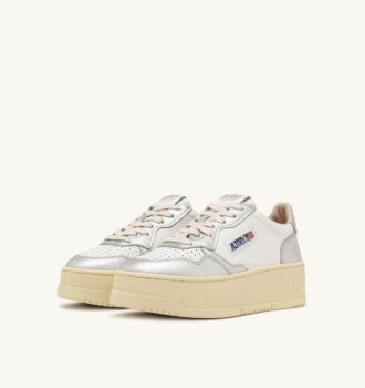 MEDALIST PLATFORM SNEAKERS IN WHITE AND SILVER LEATHER
