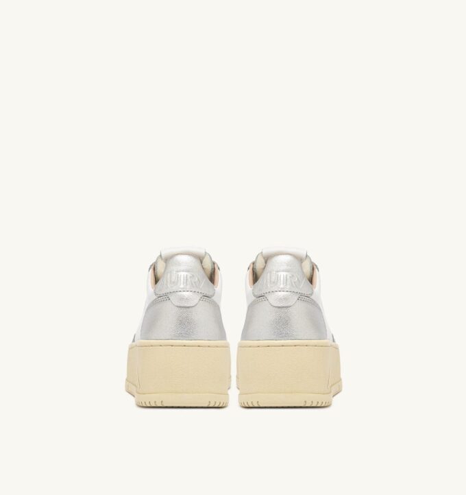 MEDALIST PLATFORM SNEAKERS IN WHITE AND SILVER LEATHER