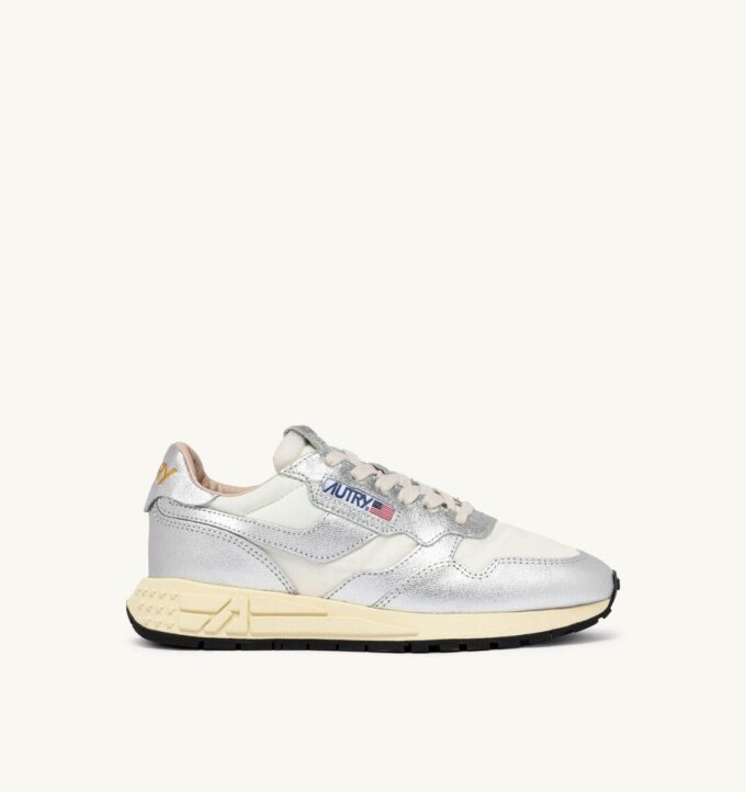 REELWIND LOW SNEAKERS IN WHITE NYLON AND SILVER TONE METALIZED LEATHER